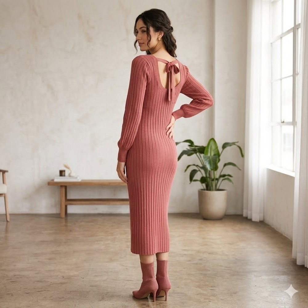 lalavon Ribbed Knit Midi Dress Purl Neck Tie Long Sleeve Burgundy M
